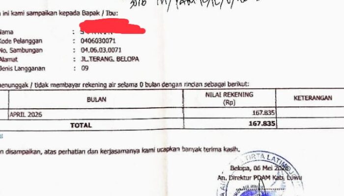“Tidak Ada Data Kubikasi ” Pelanggan PDAM Tirta Latimojong Luwu Keluhkan Transparansi dari Lonjakan Tagihan.